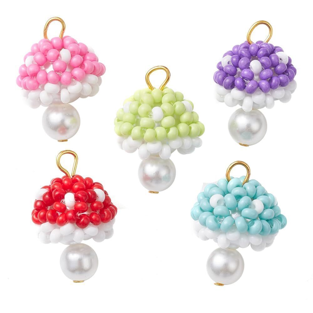2201 10Pcs Random Color Mushroom Charms Mini Glass Seed Beaded Dangle
